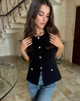 Black Knit Crystal Button Top